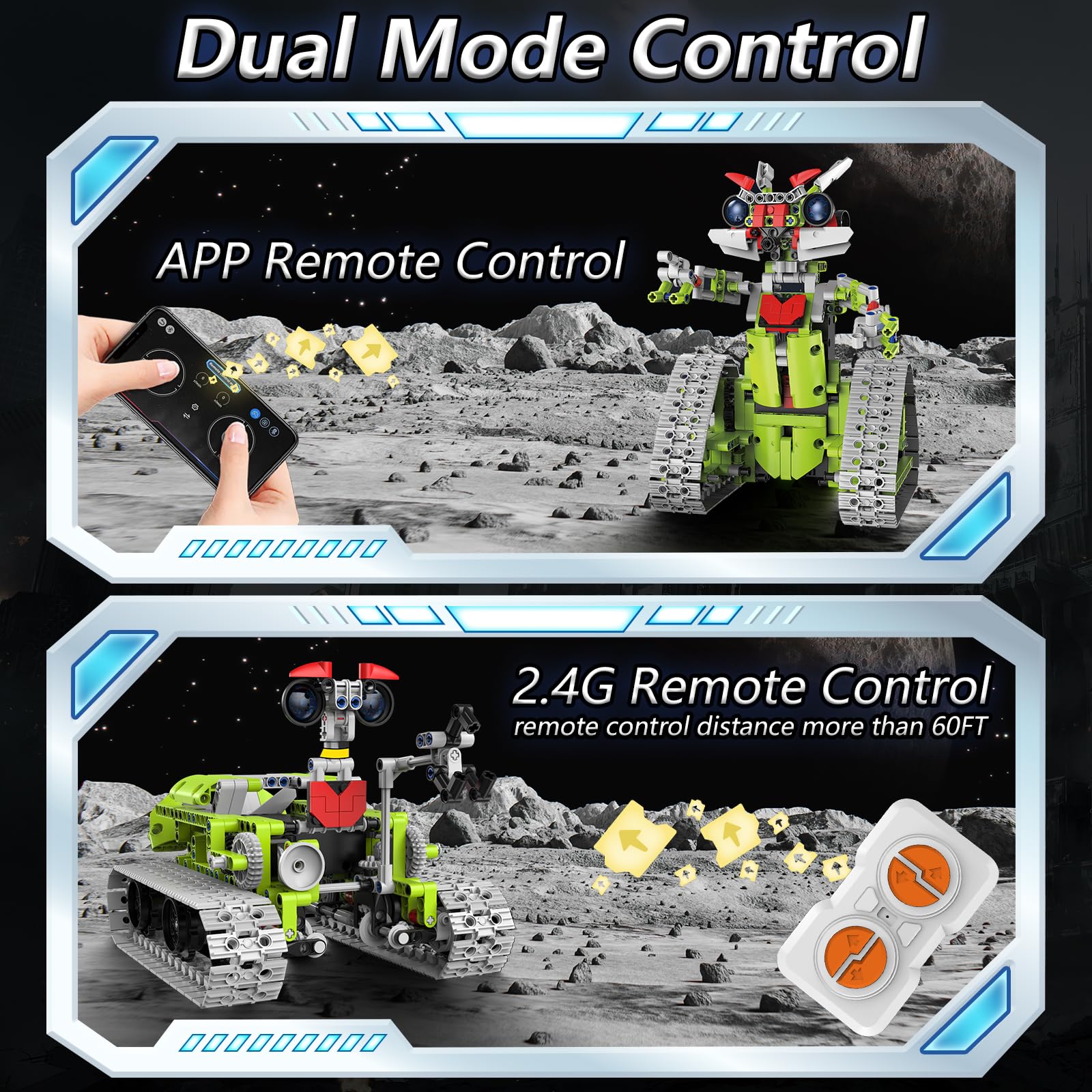 Kit di costruzione robot 5 in 1 per bambini, set di blocchi educativi STEM, robot da costruzione con telecomando e controllo tramite app/corridore tracciato/carro armato/bulldozer, giocattoli da