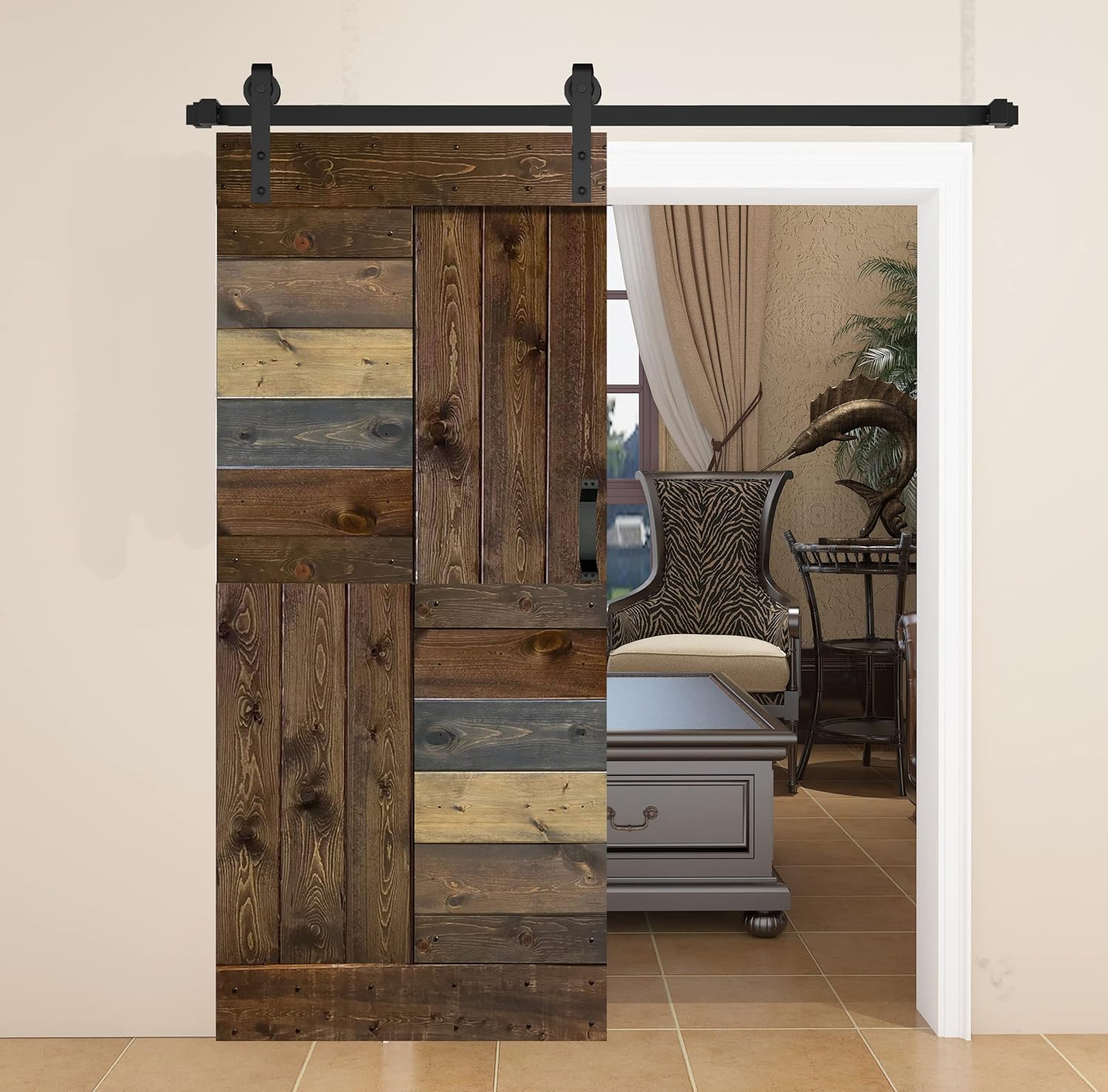 S Series 38in. x 84in. Multi-Color Finished DIY Solid Wood Sliding Barn Door with Hardware Kit (Assembly Needed)