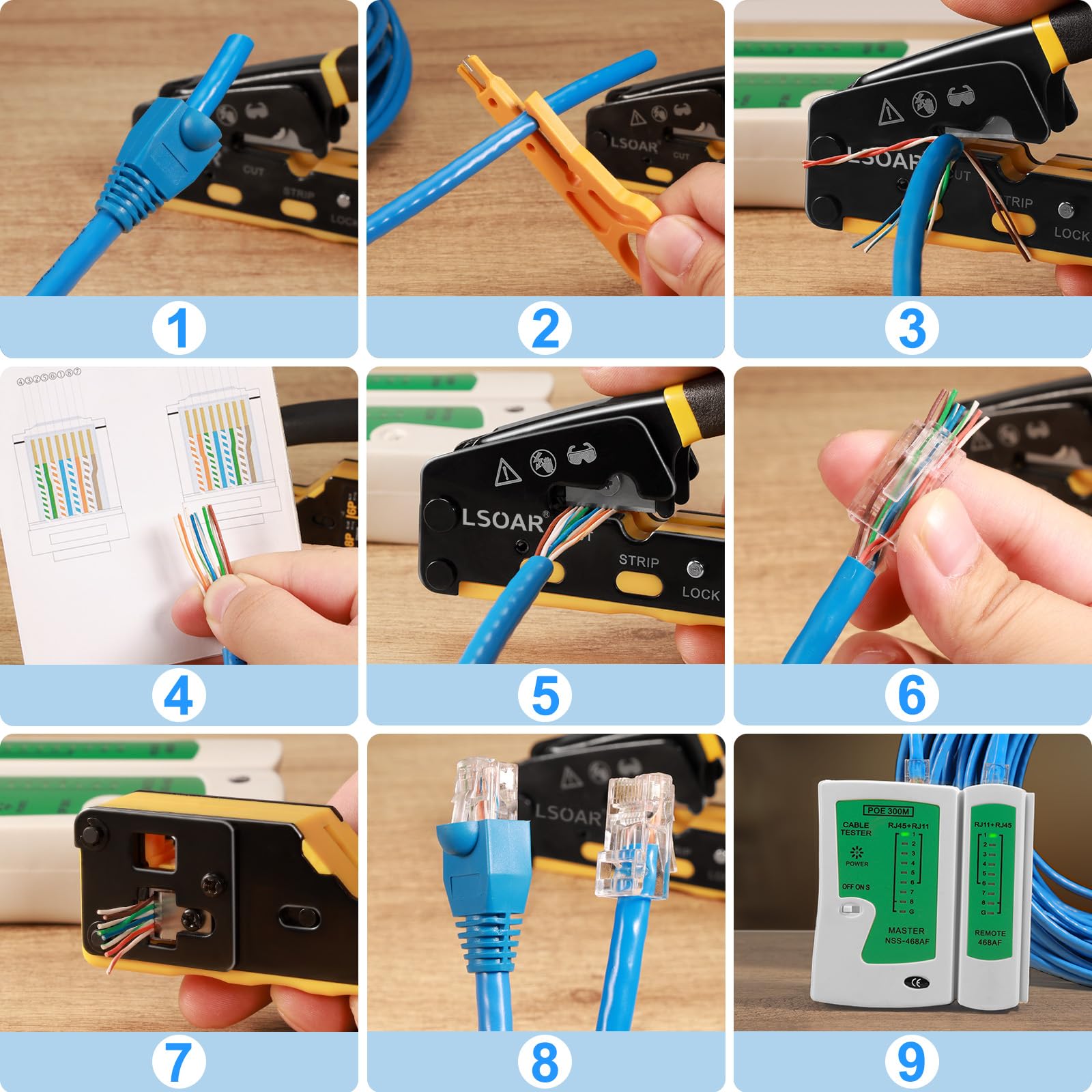 Kit de crimpadora de paso RJ45 con probador y 50 conectores Cat6 + botas | Diseño de paso, función 3 en 1, 50 conectores CAT6, probador de cables de red, agarre ergonómico, compatible con Cat5/5e/6