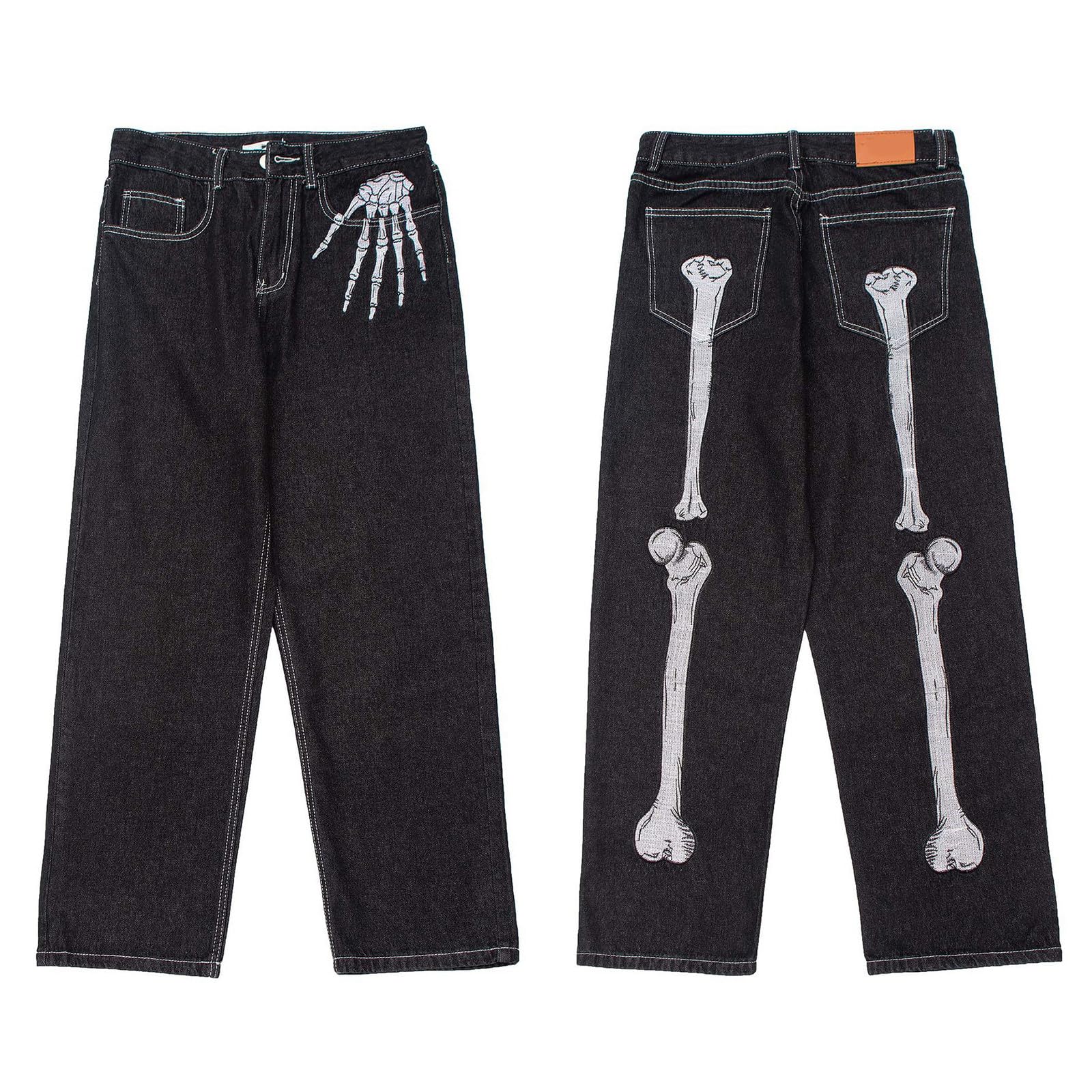 Pantalon Vaquero Hombre-Pantalones Vaqueros con Estampado de Esqueleto de High Street, Corte Holgado, Pierna Ancha, Corte Recto, Moda Alternativa, Pantalones estéticos Oscuros para
