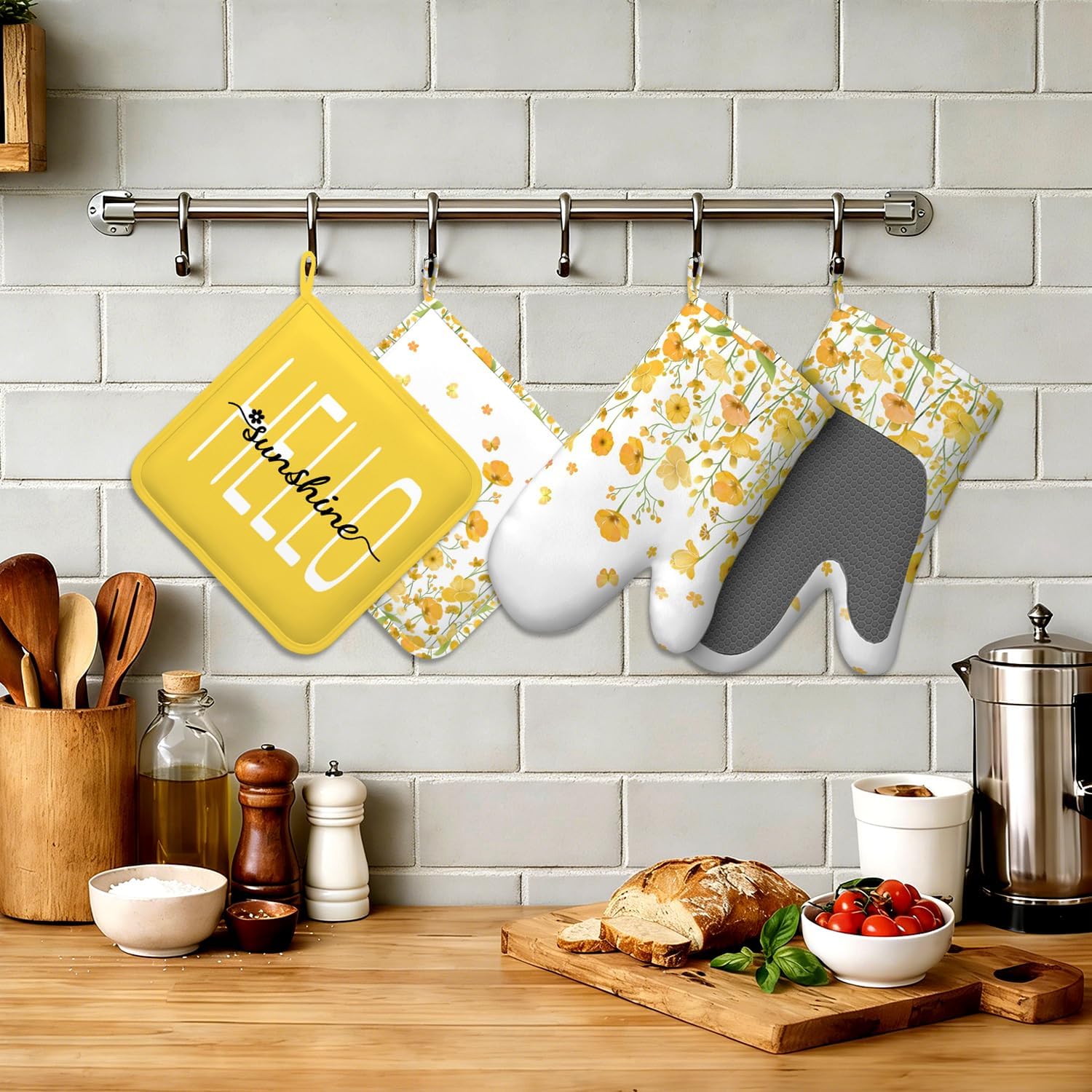 Yellow Flowers Oven Mitts and Pot Holders 4pcs Set, Hello Sunshine Kitchen Oven Gloves 11 inch, Summer Flower Heat Resistant Kitchen Glove Hot Pads, Floral Oven Mitts and Potholder for Kitchen