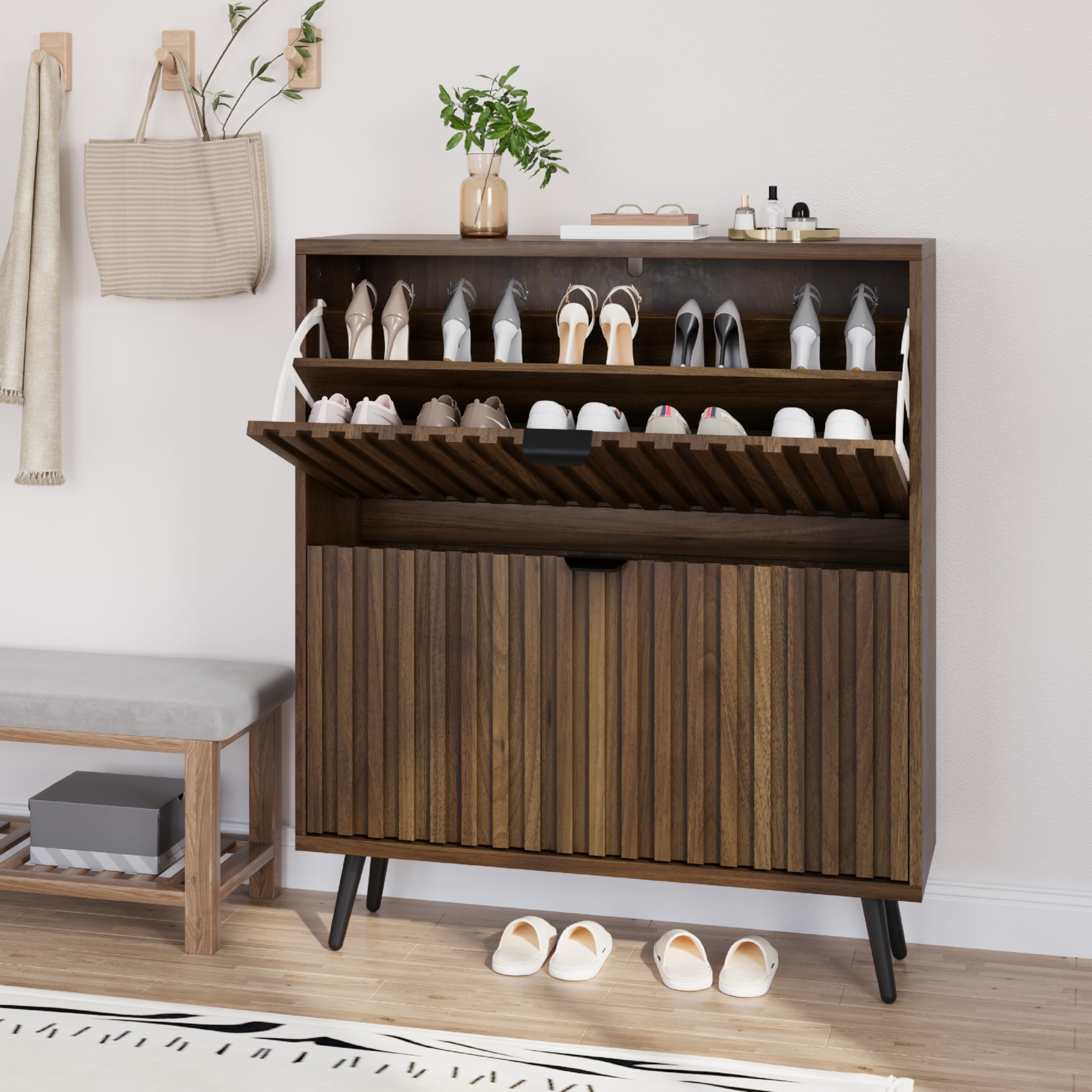 Smuxee Schuhschrank mit 2 Klappschubladen, 80 cm, Walnussholz, versteckter Schuhschrank mit geriffeltem Design, freistehender Schuh-Organizer für Eingangsbereich, Flur, Schrank, Wohnzimmer