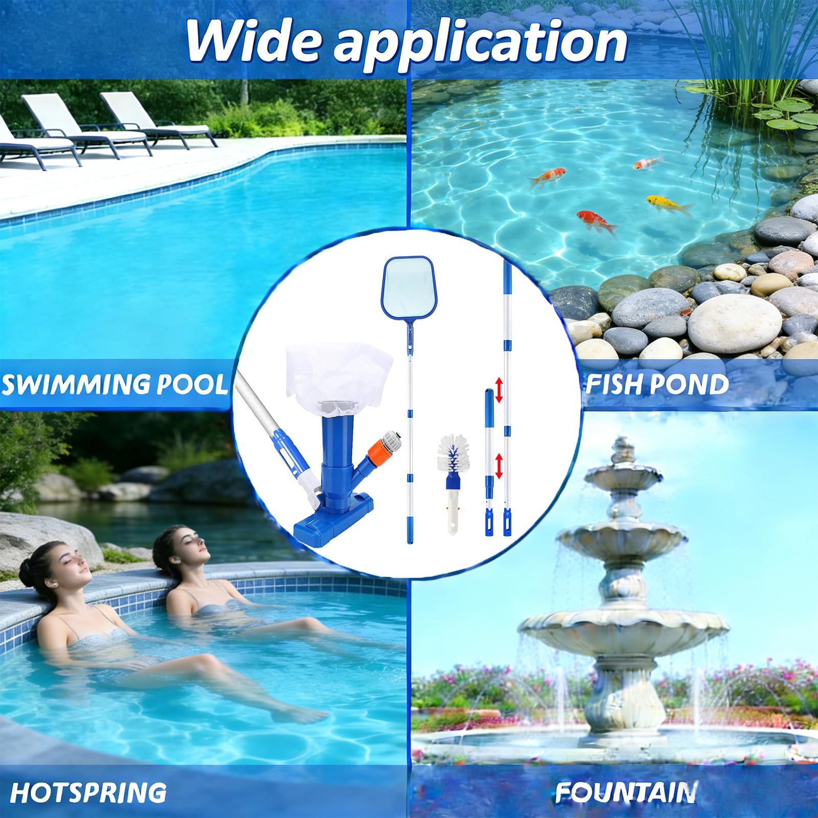 Pool Bodensauger Set, Tragbarer Jet Vacuum Head Pool Staubsauger mit Teleskopstange, Pool Reinigungsset mit Scheuerbürste und Skimmernetz für Schwimmbadreinigung Blätter Schmutz Sand Schlamm