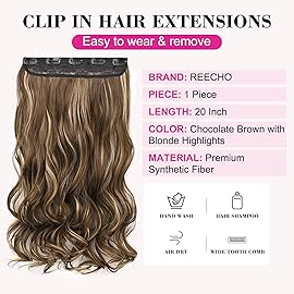 REECHO 20 1-pack 3/4 Full Head Curly Wave Clips in on Synthetic Hair Extensions HE008 Hair pieces for Women 5 Clips 4.5 Oz Per Piece - Chocolate Brown with Blonde Highlights