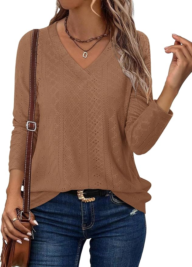 KISSMODA Long Sleeve Fall Shirts For Women V Neck Tunic Tops Embroidered Button Down Knitted Blouses 2025