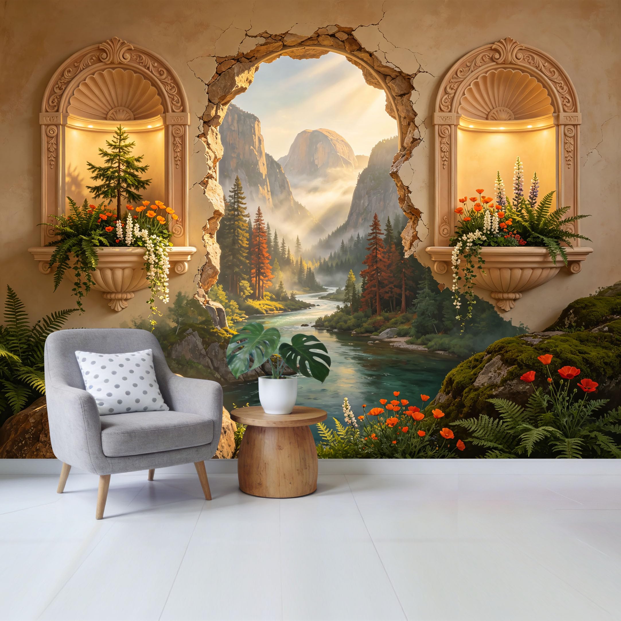Custom Size Wall Mural Mountain Valley Landscape River View Trompe l’oeil 3D Window Effect Removable Self Adhesive Fabric Home Wall Decor for Living Room Bedroom Bathroom