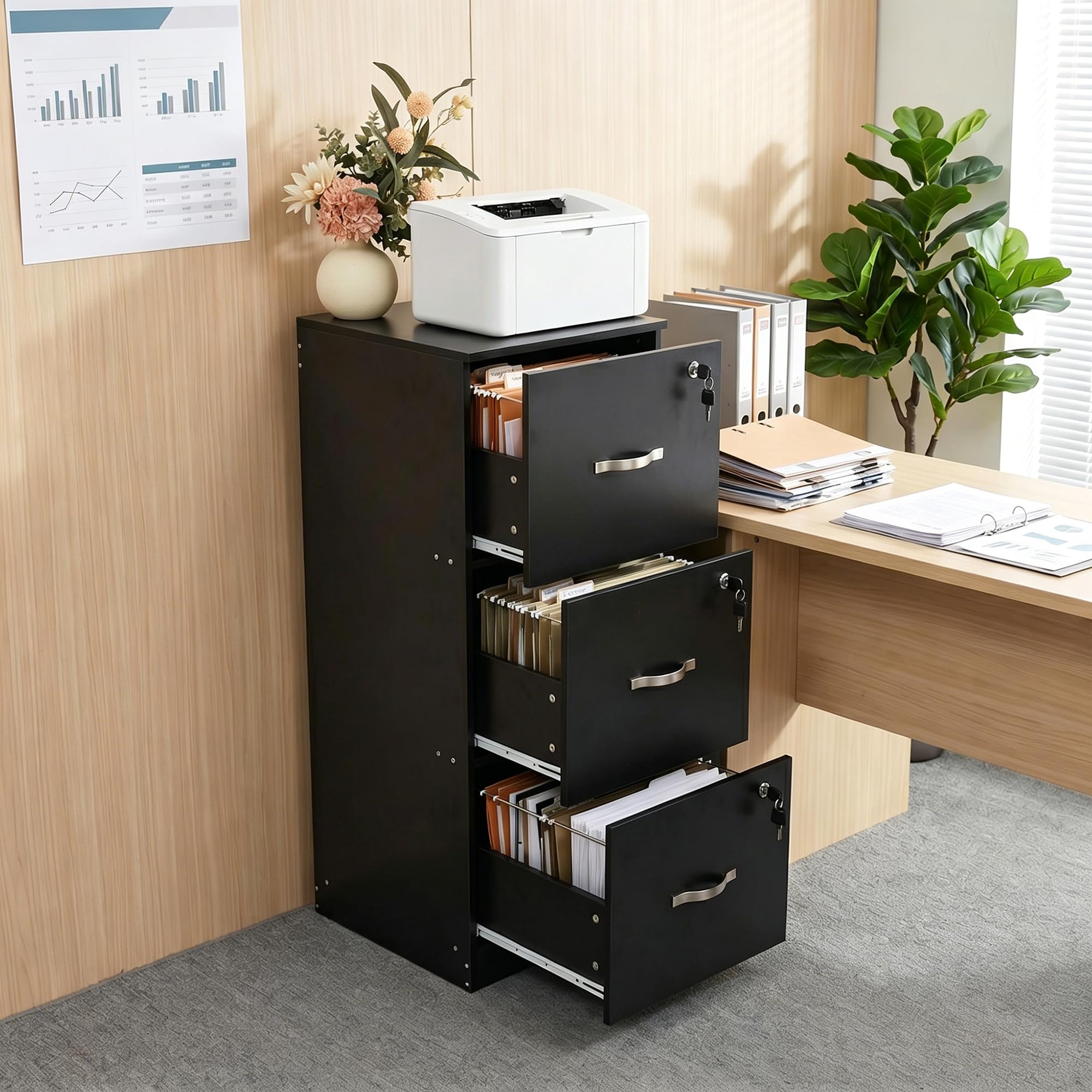 anrekl Lockable Filing Cabinets for Home, File Cabinet with 3 Drawers, Wooden Storage Drawers Office Cupboard Printer Stand Fits A4 Letter Size Hanging Files For Home Office, Anti-Tip Design, Black