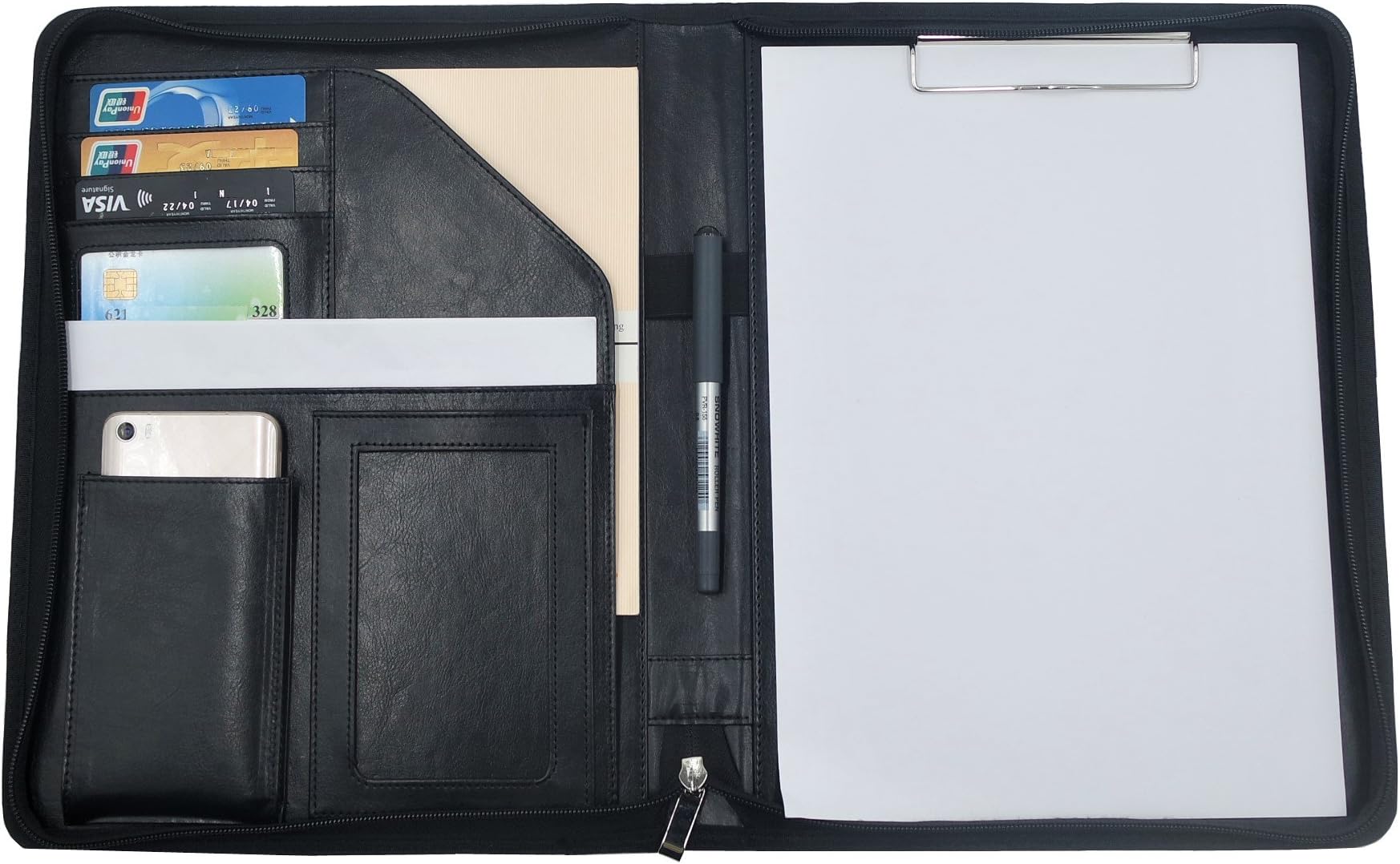 Conference Folder Leather Portfolio Document Organiser A4 Size Zippered Writing Leather Professional Padfolio Holder for Business Trips Pad with Pockets and Card Holders