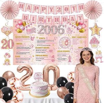 20th Birthday Decorations for Girls Rose Gold 20th Party Decorations for Her 2006 Bday Backdrop, Banner, Haning Swirls, Paper Fan, Cake Topper, Crown, Sash, Balloons, Cheers to 20 Years Party Supplies