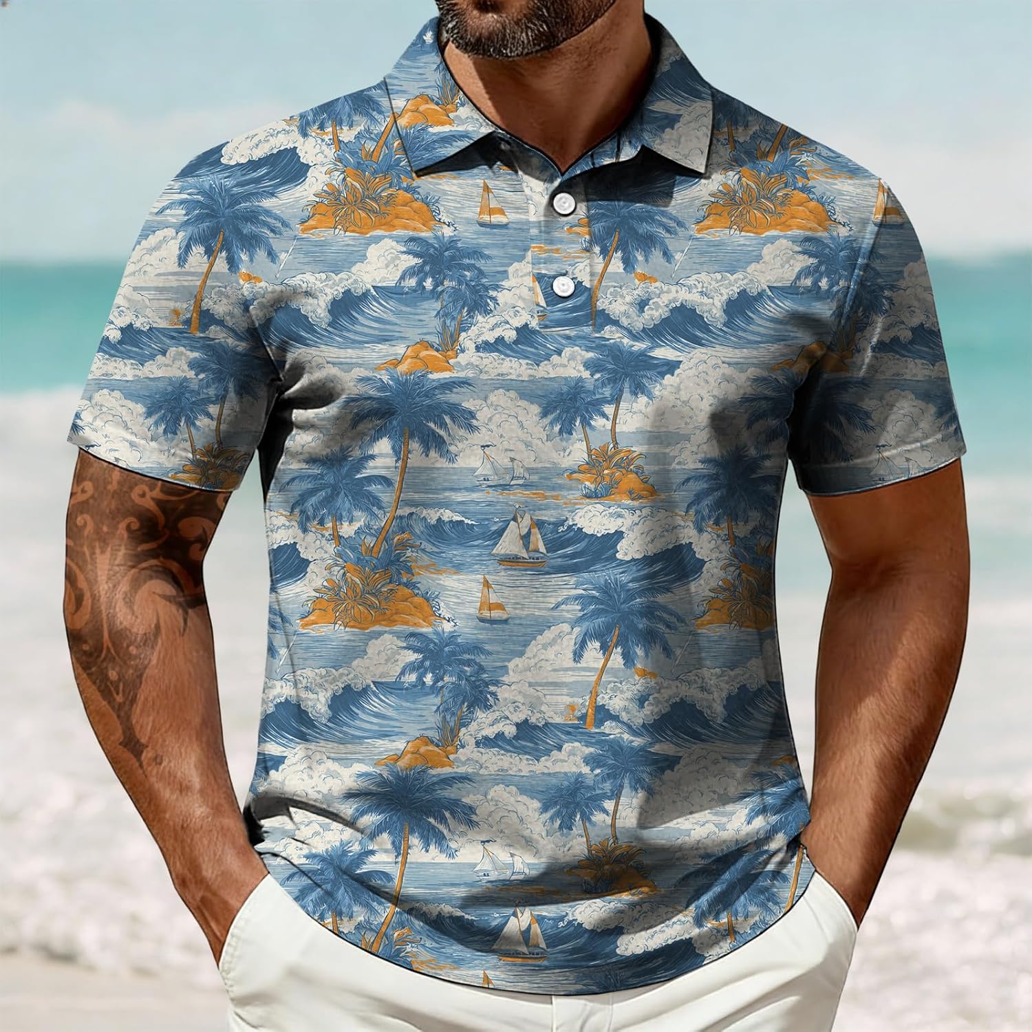 Men's Hawaiian Golf Polo Shirts Short Sleeve V Neck Funny Polo for Golf Casual Beach Vacation Shirts with Collar - Image 2