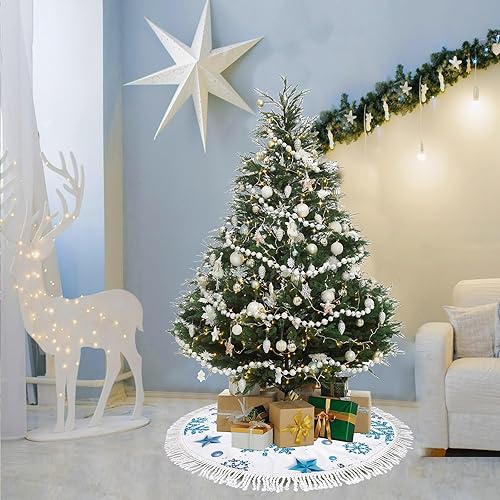 Miniatura 2 de Faldas pequeñas de árbol de Navidad de 30 pulgadas, diseño de copo de nieve azul plateado, decoración de árbol de Navidad, fiesta de vacaciones,