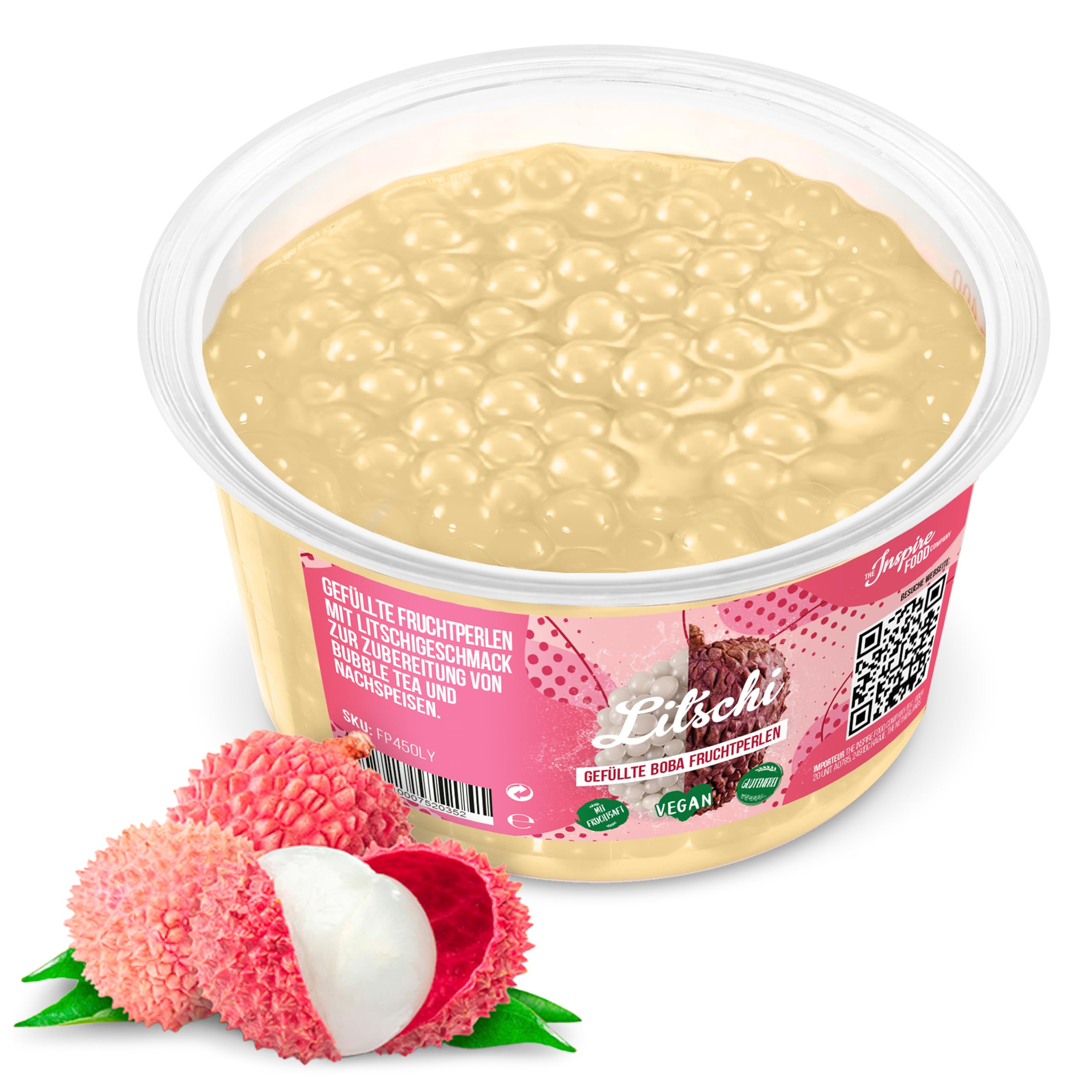 The Inspire Food Company Popping Boba Pearls for Bubble Tea - 450gm | Lychee | Bursting Pearls Bubble | Real Fruit Juice For Shakes, Dessert,Smoothie | 100% Vegan & Glutenfree, No Artificial Colors