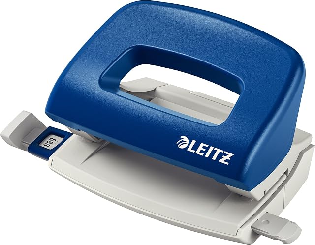 Leitz NeXXt 50580035 mini dziurkacz do biura, 10 arkuszy, szyna z informacjami o formatie, metal, niebieski, 50580035