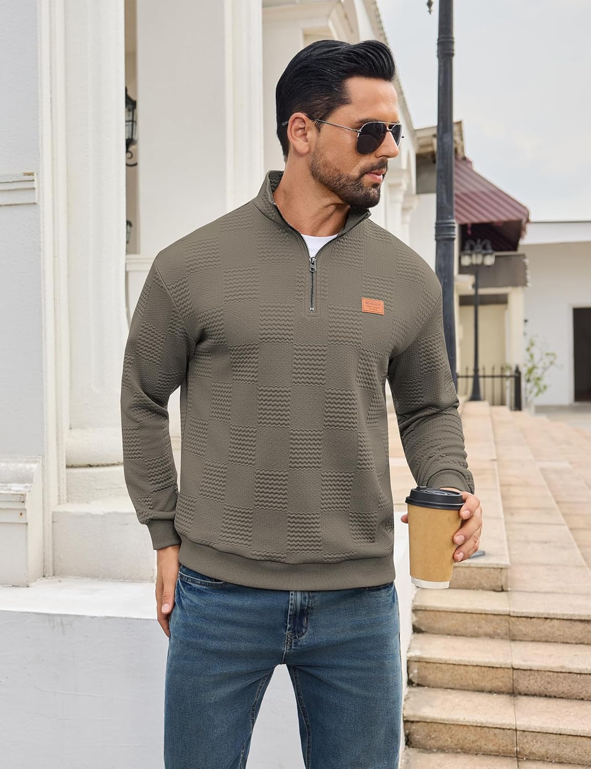 URRU Men's Quarter Zip Pullover Sweatshirt Mock Neck Long Sleeve Sweater Slim Fit Casual Polo Sweaters - Image 5