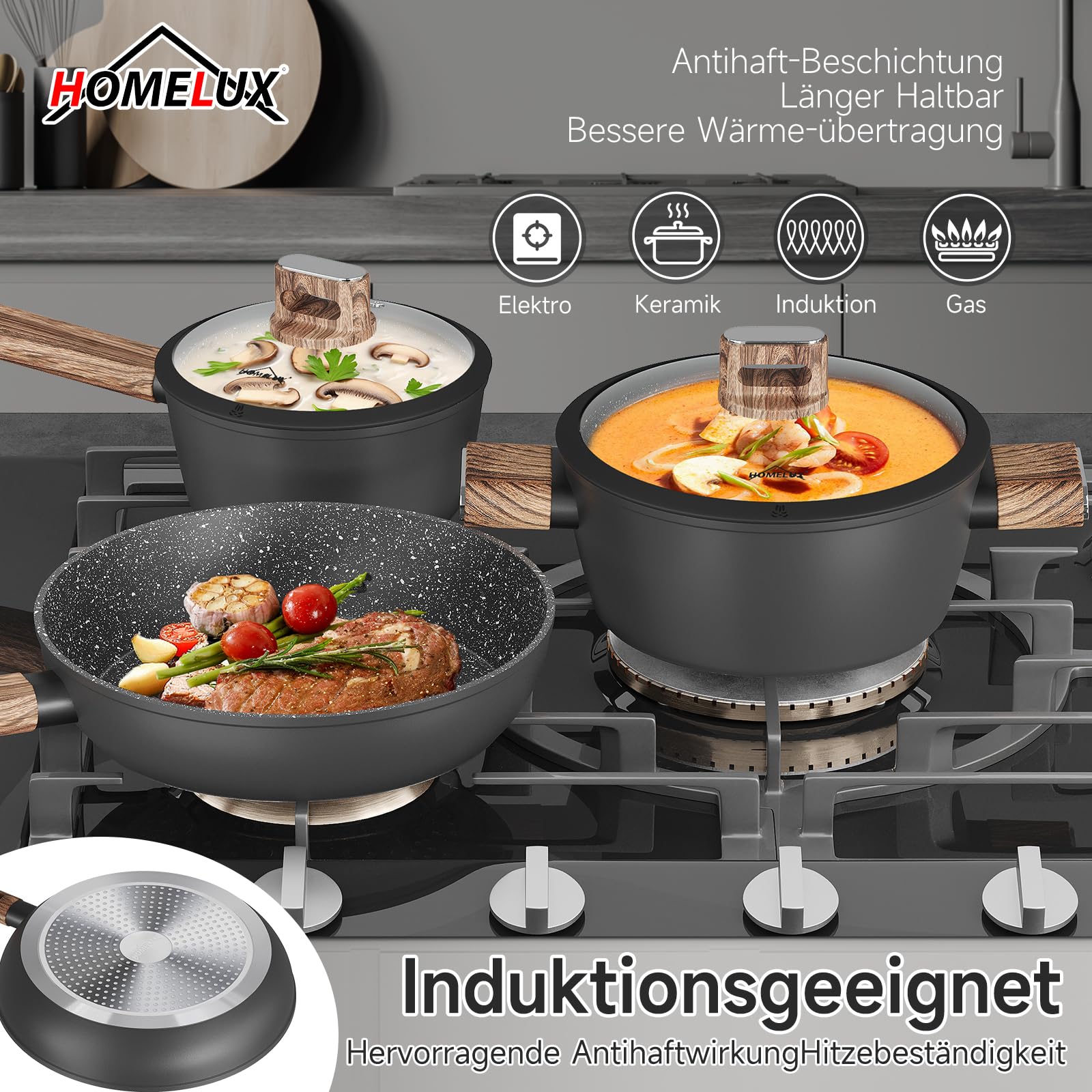 Topfset Pfannenset 10-teiliges,Topfset Induktion, Induktions Töpfe Set, Töpfe mit Glasdeckel, Kochtopf-Set, Töpfe und Pfannen set, Induktionsgeeignet,Schwarz