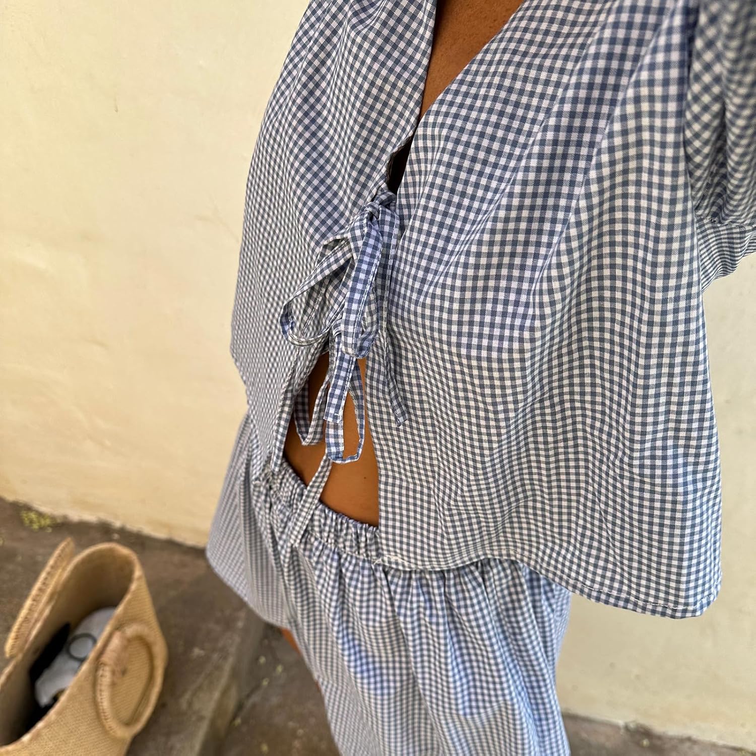 KMBANGI Women Y2K 2 Piece Shorts Set Peplum Puff Sleeve Babydoll Shirt Blouse Shorts Tie Front 2 Piece Pajamas Sets - Image 3