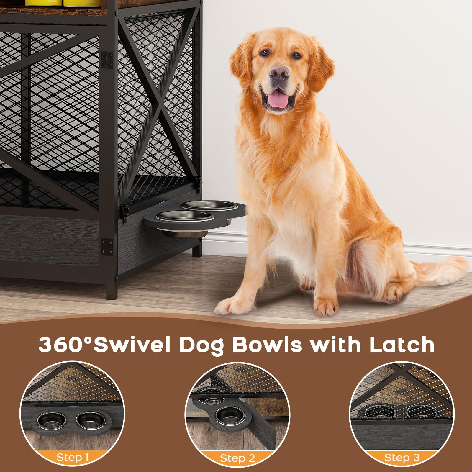 Mueble Jaula para Perro Grande, Casa de Madera Estilo Mueble, Mesa Auxiliar Con 3 Cajones, Perrera Resistente Con Comedero Giratorio 360° Marrón Rústico
