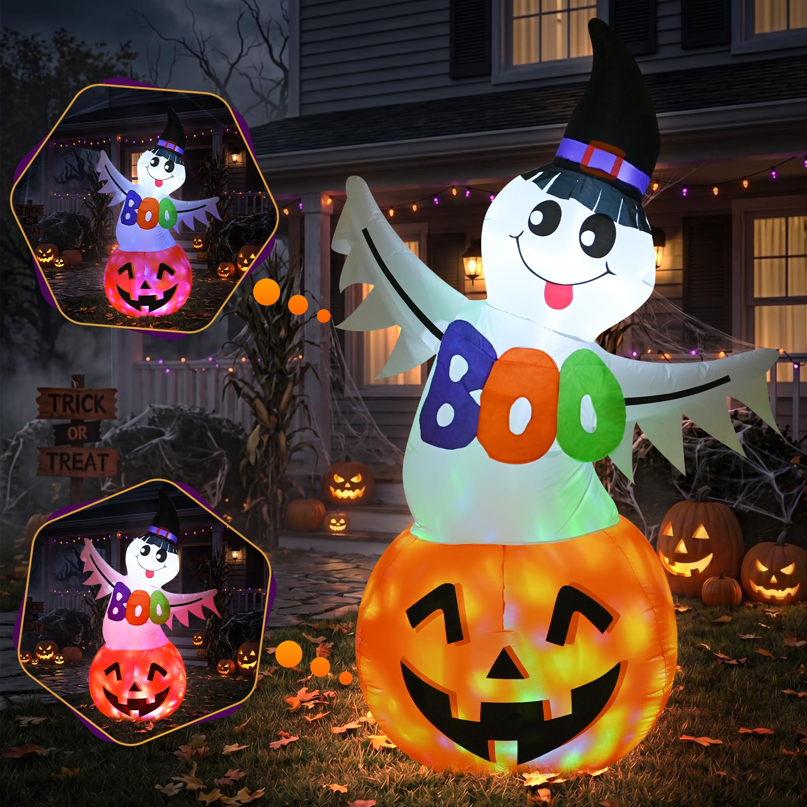1,8 M Halloween-Entlüftbarer Geist-Kürbis mit Hexenmütze und B-o-o-Symbol