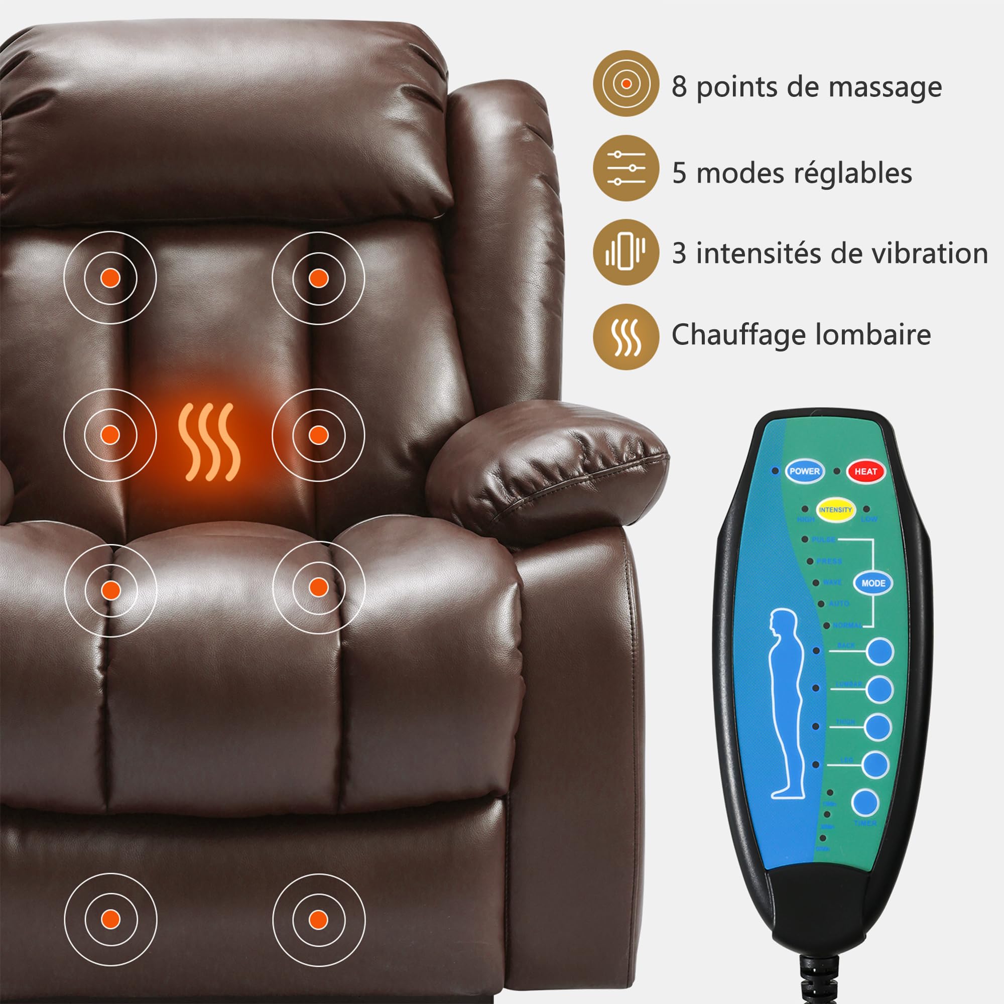 DUANDUAN Fauteuil releveur inclinable à Position allongée Infinie pour Adultes, Fauteuil électrique à Double Moteur pour Personnes âgées avec Massage et Chauffage (Brown)