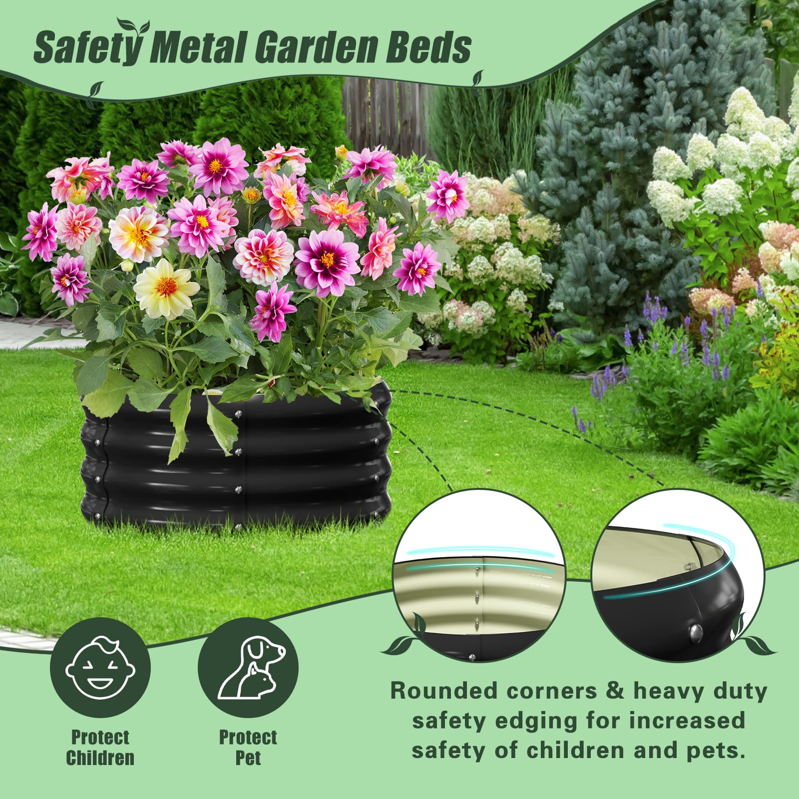 DoCred 3 Pcs 24x24x12in Round Galvanized Raised Garden Bed with Tomato Cages, Metal Planter Box for Planting Plants Vegetables Herbs Flowers, Black