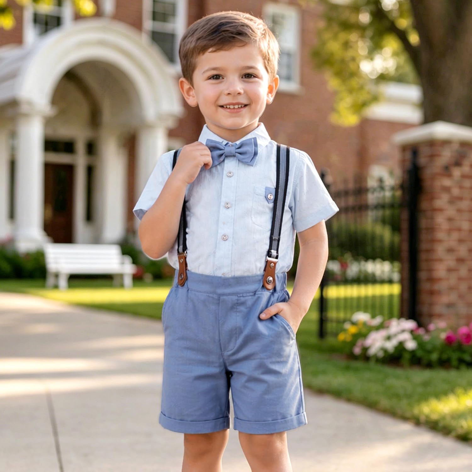 Volunboy Infant Baby Boy Summer Wedding Ring Bearer Outfits Suspenders Shorts Set Formal Dress Shirt Bowtie Suits