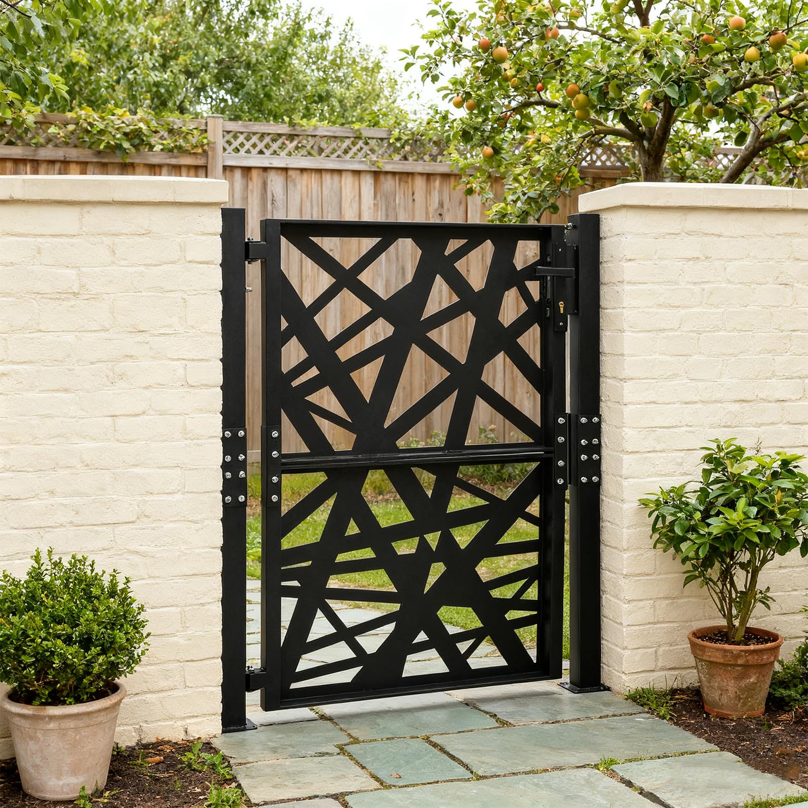 Cancello da giardino in metallo, 105 x 125 cm, con serratura, in acciaio, per giardino, terrazza, cancello da esterni, cancello in ferro, apertura e chiusura a 180° (nero)