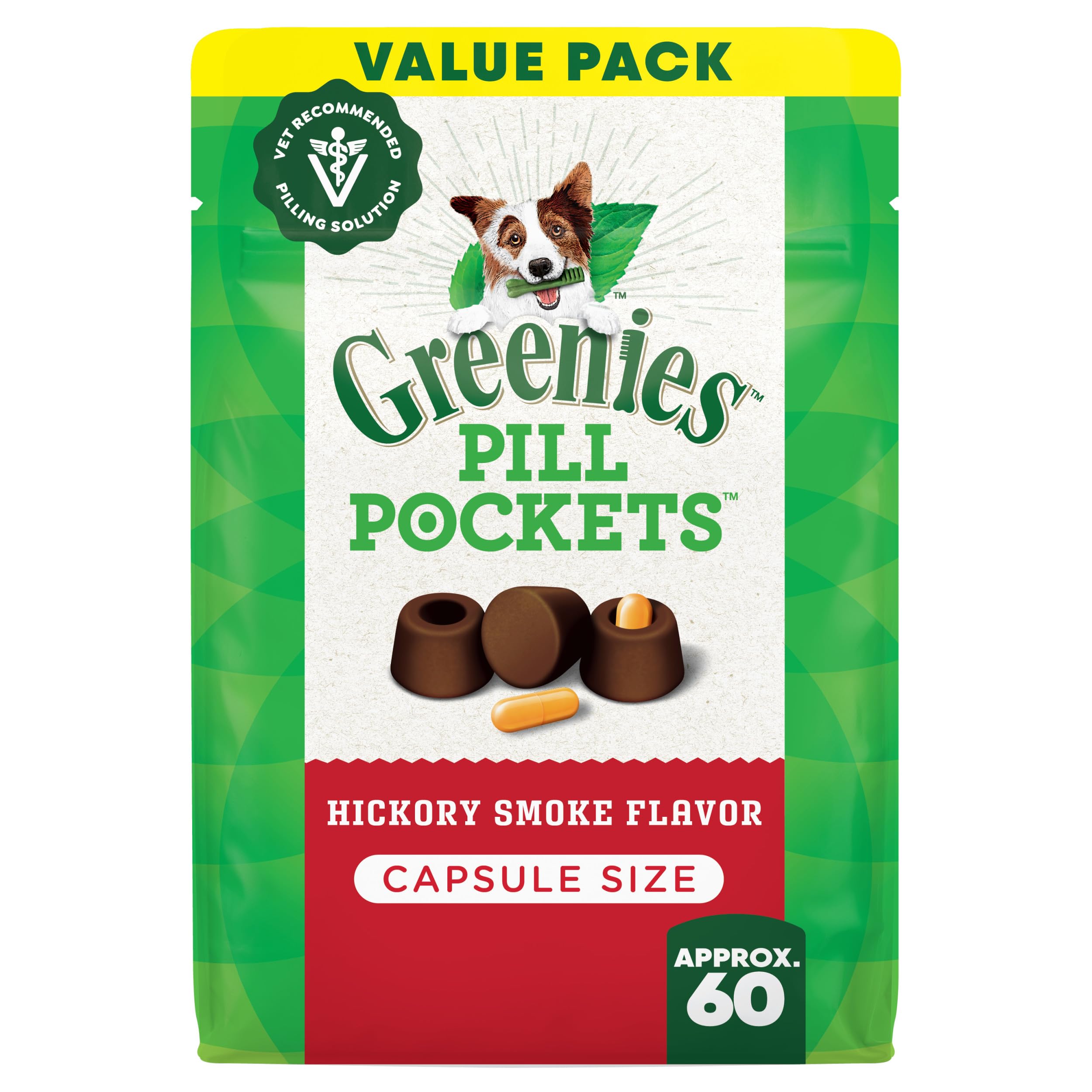 Greenies PILL POCKETS for Dogs Capsule Size Natural Soft Dog Treats, Hickory Smoke Flavor, 15.8 oz. Pack (60 Treats)