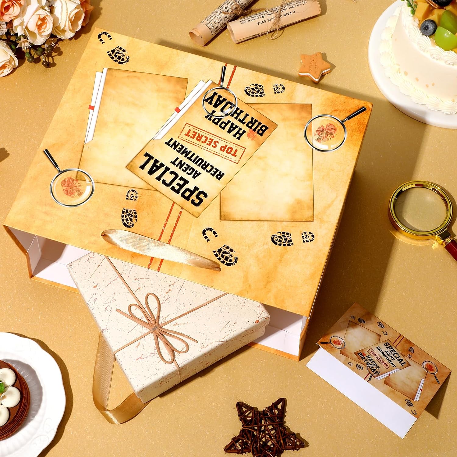 TagreSpike Detective Birthday Gift Bag for Kids, Murder Mystery Party Favors Bag Spy Wrapping Paper Bags with Card Tissue Paper for Boys Top Secret Theme Escape Room Party Supplies