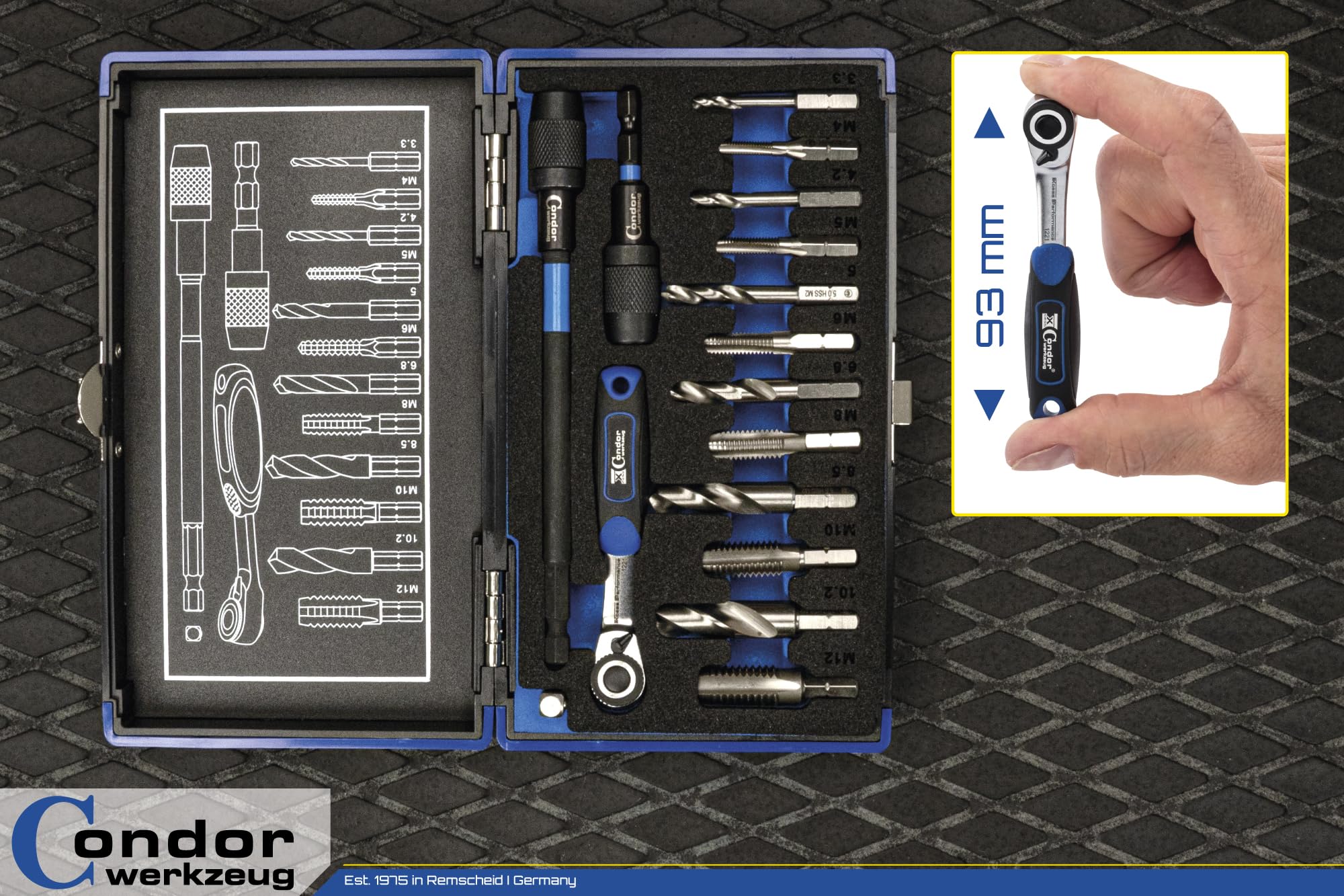 CONDOR Werkzeug 39602 | Kernloch Spiral- und Gewindebohrer-Bit-Satz mit Knarre & Adapter | 16-TLG. | 1/4" 6-Kant-Antrieb | M4-M12 | Xcess Performance | HSS Bohrer Set Profi Werkzeug