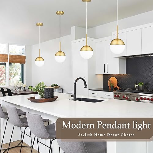 Miniatura 9 de Colgantes modernos de mediados de siglo de oro de 6 pulgadas para isla de cocina, globo de vidrio blanco lechoso esmerilado, altura ajustable,