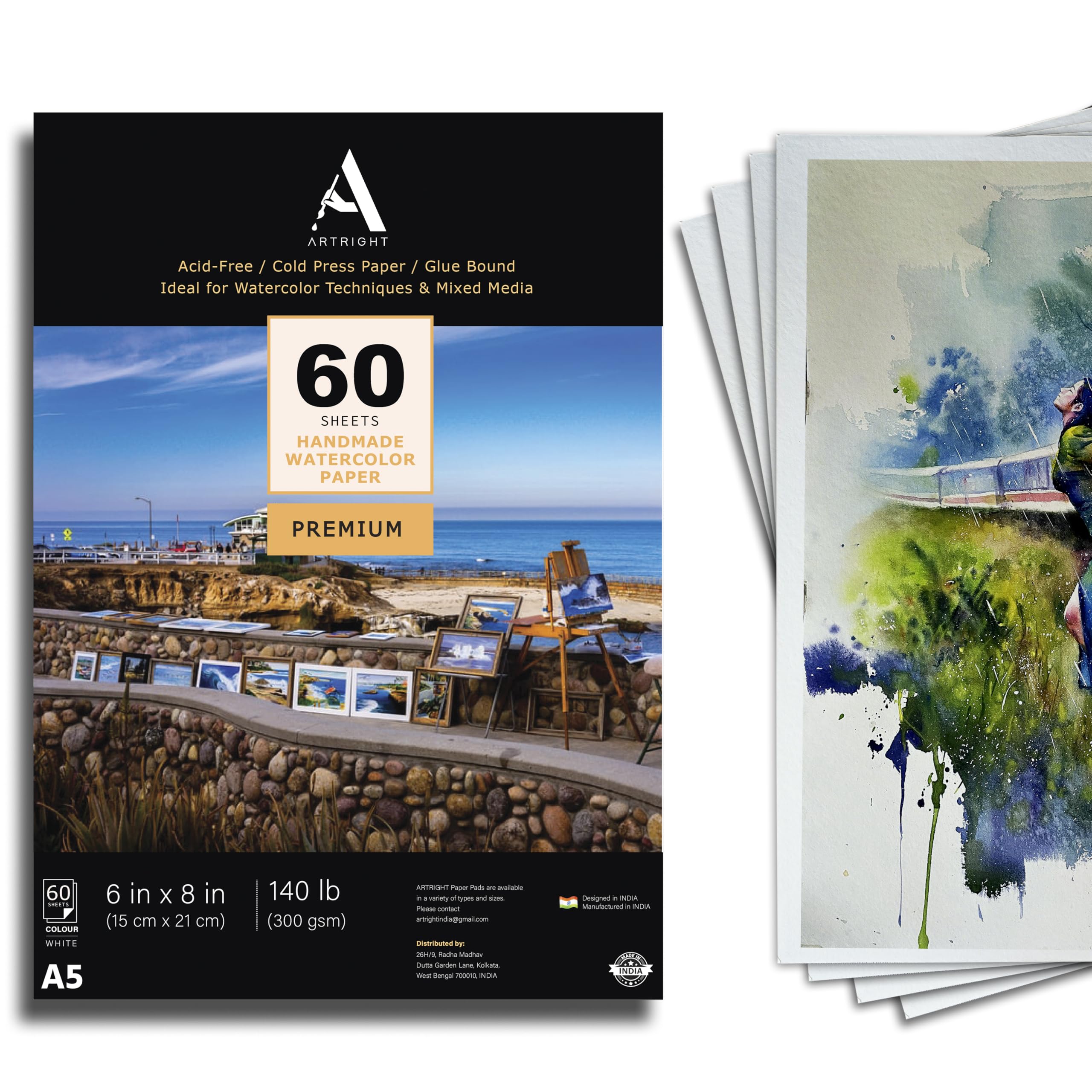 ArtRight Artists' A5 Acrylic & Gouache Paper Pack of 60 Sheets, 300 GSM; Handmade Sheets for Acrylic & Gouache Media