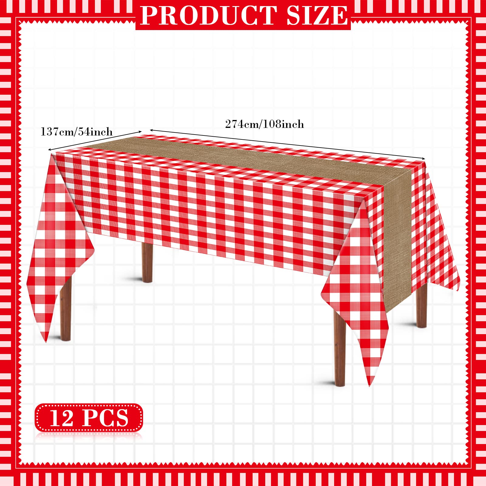 12 manteles desechables de plástico para pícnic a cuadros decorativos rectangulares de 54 x 108 pulgadas, manteles a cuadros blancos y rojos para cumpleaños, bodas, fiestas en interiores y exteriores