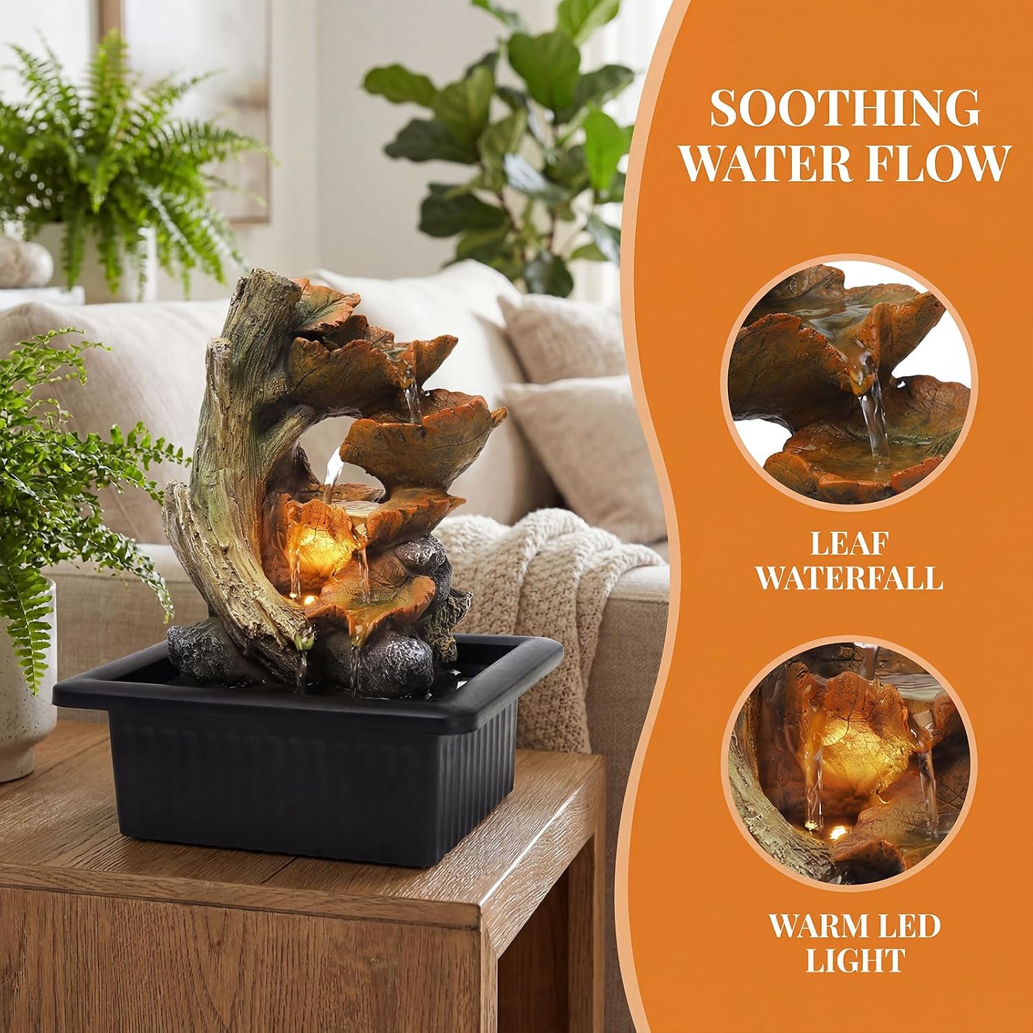 Tabletop Water Fountain Indoor Cascading Leaf Waterfall Zen Decor with Warm LED Light Quiet Pump Desk Office Bedroom Living Room