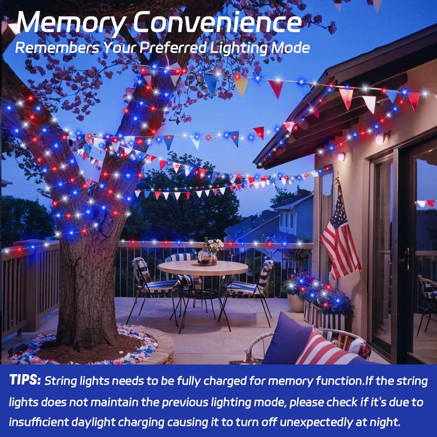 cshare Red White and Blue Solar Fairy Lights, Memorial Day Lights Waterproof Outdoor 39.4ft 120LED 8 Modes Memory Function Independence Day Memorial Day Decorations, CS-SL-5M