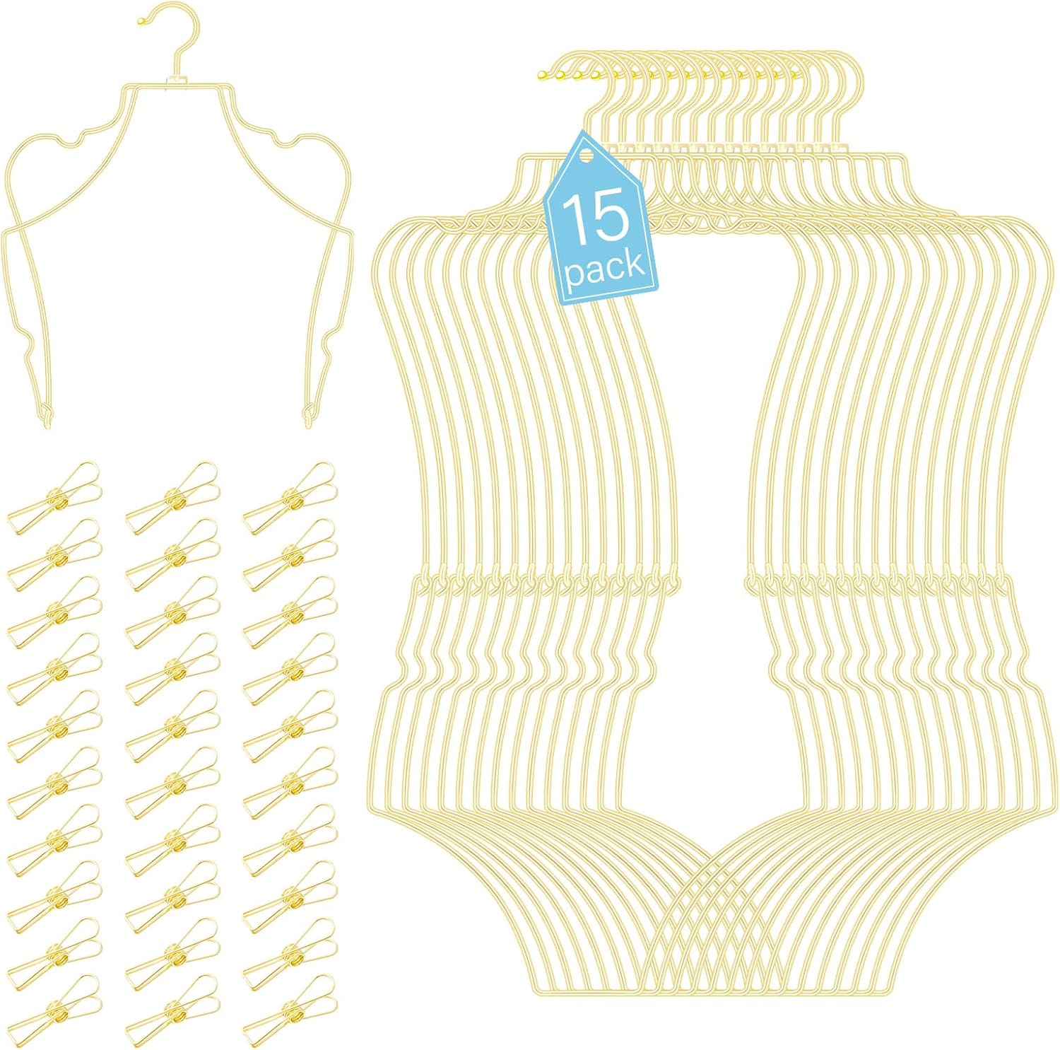 Taiyin 15 Pack Gold Body Shape Lingerie Hangers Bikini Hanger with 30 Clips Swimsuit Display Foldable Metal Wire Body Shape Bikini Rack for Swimsuit Bathing Women Boutique Clothes Dress Swimwear