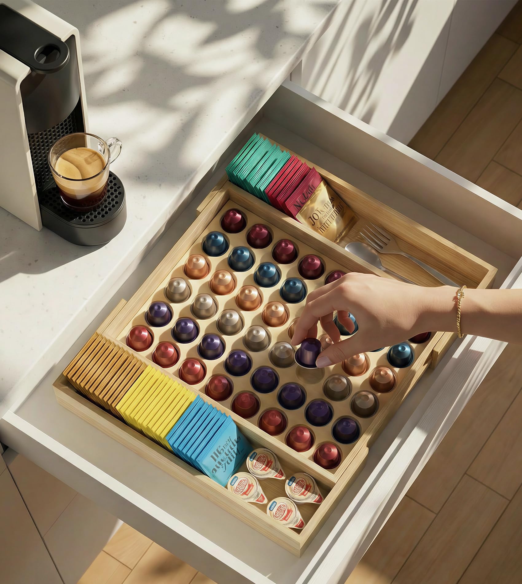 WELL WENG range-capsules à bambou extensible pour tiroir de comptoir, compatible avec les capsules Nespresso Original, capacité de 48 capsules (extensible de 29,5 cm à 45,7 cm)