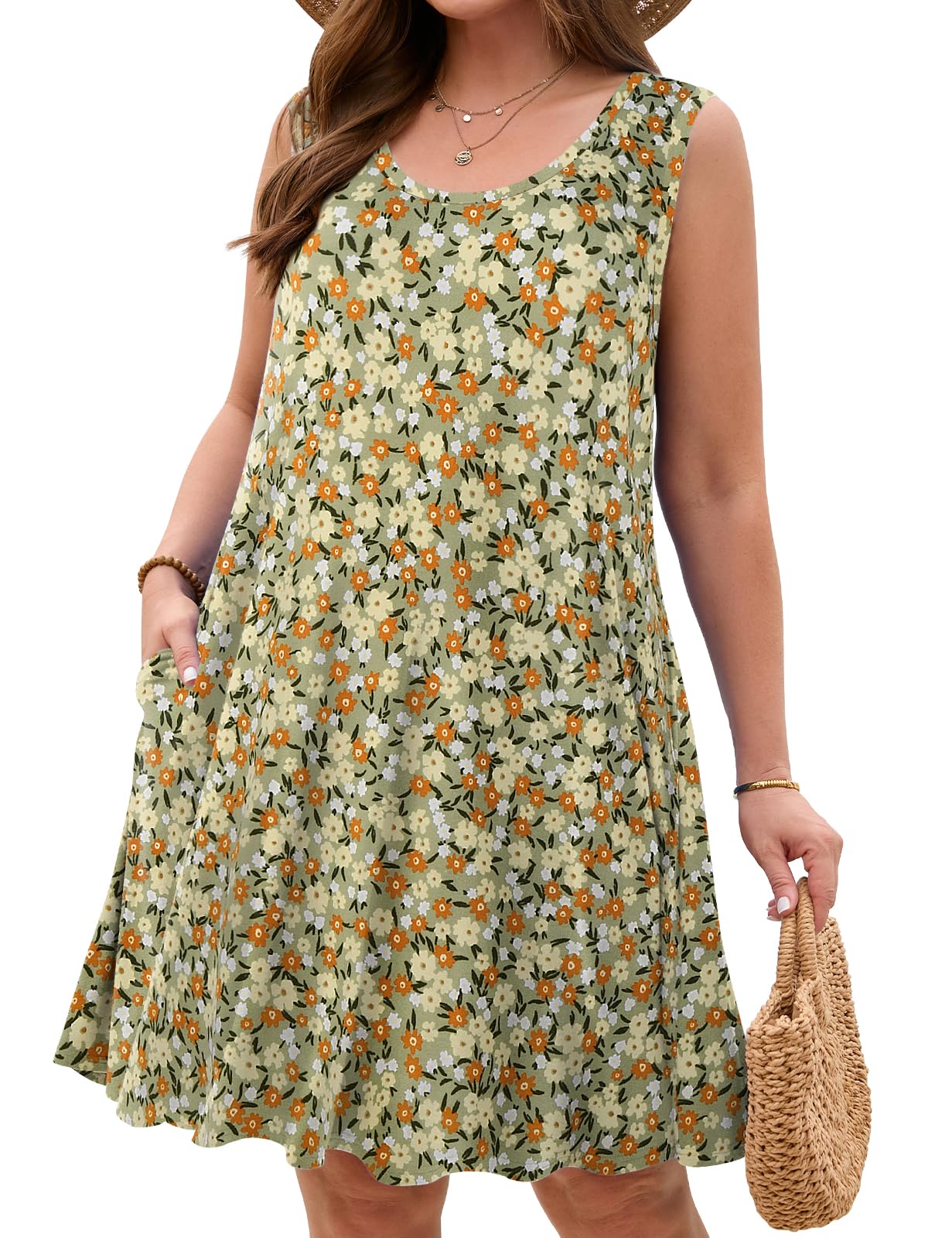 JollieLovin Women Plus Size Curvy Summer Tank Sun Dresses Sleeveless Causal T-Shirt Dress Beach Swing Cover up(L-5X)
