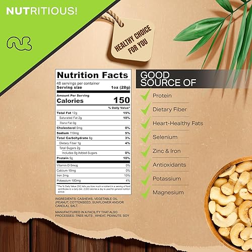 Miniatura 2 de Nut Cravings - Anacardos tostados ligeramente salados - Jumbo, enteros (48 onzas - 3 libras) empacados frescos en bolsa resellable - Snack de nueces