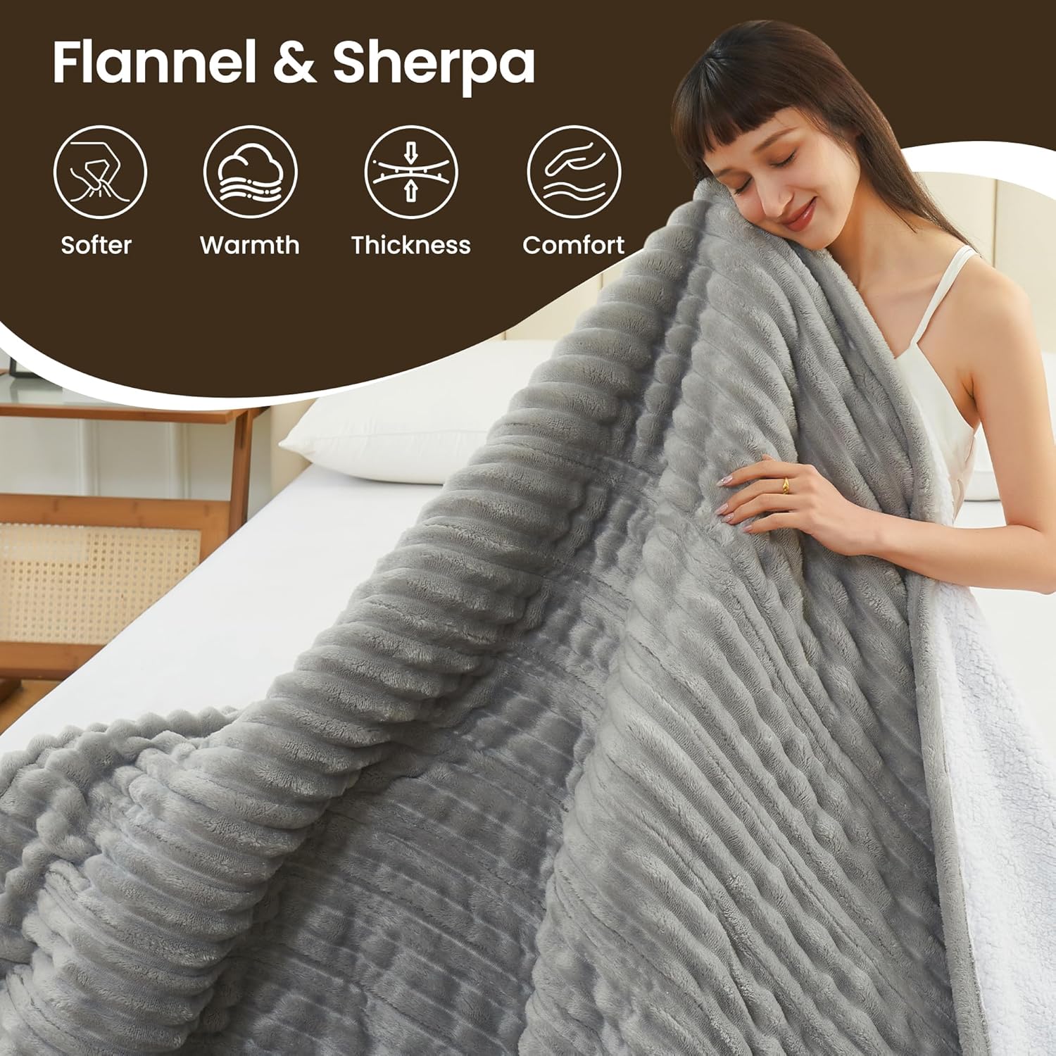 Heated Blanket Electric Blanket 50"x60", Soft Flannel Sherpa Electric Throw with 5 Heating Level & 12 Times Setting, Heated Throw with Overheating Protection, Machine Washable(Light Grey) - Image 5