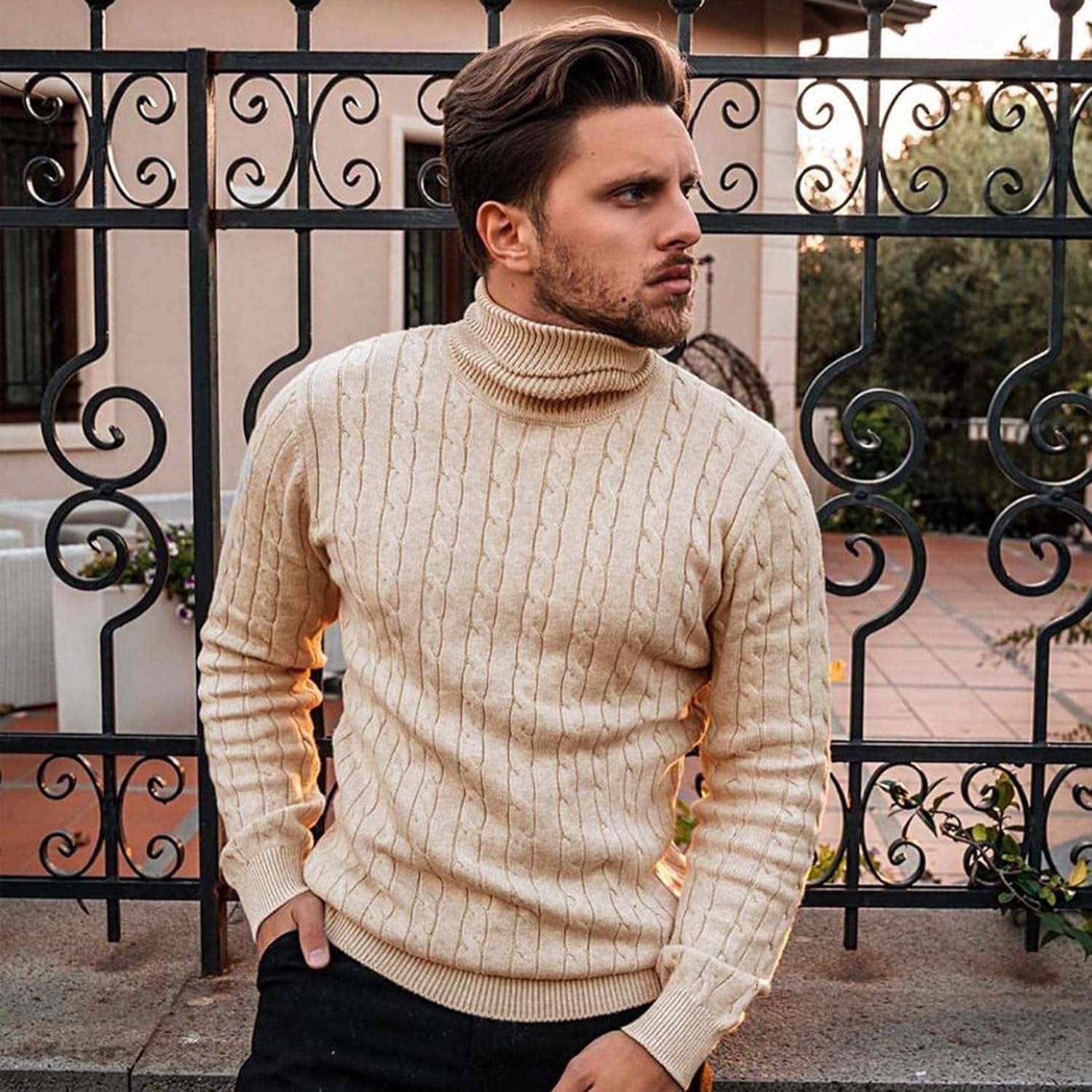 COOFANDY Men's Slim Fit Turtleneck Sweater Casual Twist Patterned Pullover Knitted Sweaters - Image 2
