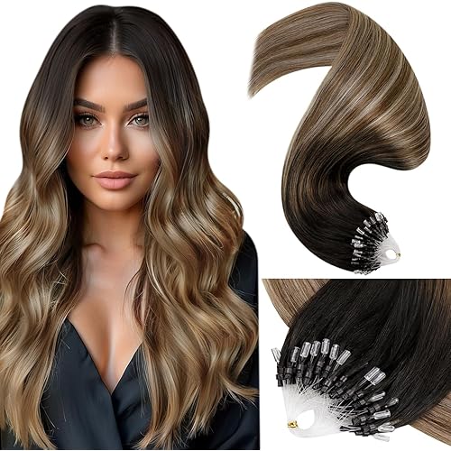 LaaVoo Microlink Hair Extensions Human Hair Brown Micro Loop Hair Extensions Real Human Hair Darkest Brown to Medium Brown with Ash Brown Micro Ring Hair Extensions Cold Fusion 50g 50s 18 Inch