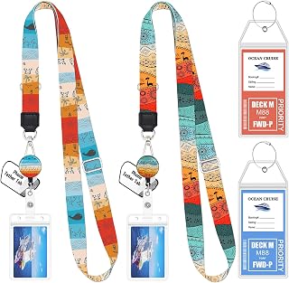 2 Pack Cruise Lanyards with ID Badge Holder and Luggage Tags | Retractable Badge Reel, Waterproof ID Holder, Phone Tether Tab, Nautical Print Design, Cruise Essentials Set