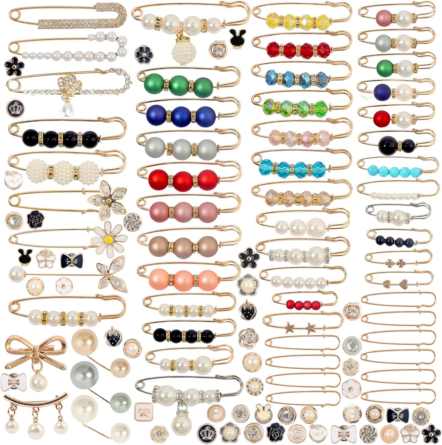 110 PCS Pearl Brooch Sock Charms Pins for Women Gold Rhinestone Junk Sock Charms Pins Sock Accessories Pant Waist Tightener for Women Hat Sweater Shirt Pant
