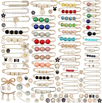 110 PCS Pearl Brooch Sock Charms Pins for Women Gold Rhinestone Junk Sock Charms Pins Sock Accessories Pant Waist Tightener for Women Hat Sweater Shirt Pant