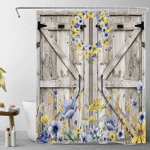 Miniatura 14 de Cortina de ducha de hongos otoñales para baño, flores silvestres y hojas de otoño en puerta de granero rústica, cortinas de ducha con ganchos