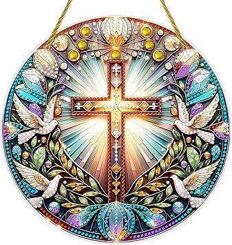 DIY Diamond Art Painting Wreath Kits,Special Shaped Rhinestone Hanging Ornament Diamond Art Acrylic Window Pendants for Gift Home Garden Wall Hanging KitsCross-1