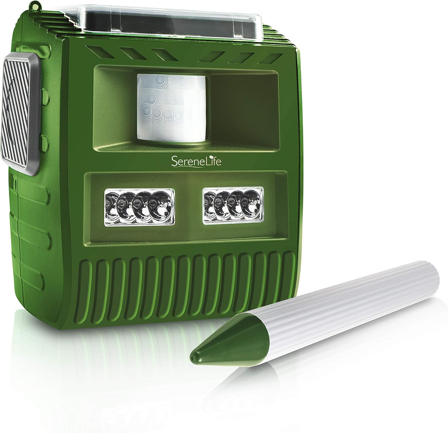 SereneLife Waterproof Solar Animal Chaser, Electric Pest Repeller, Solar Animal Repeller, Outdoor Motion Detector, Pest Control, Ultrasonic Sensor, Coverage Area: Up to 30'+ Ft, Green