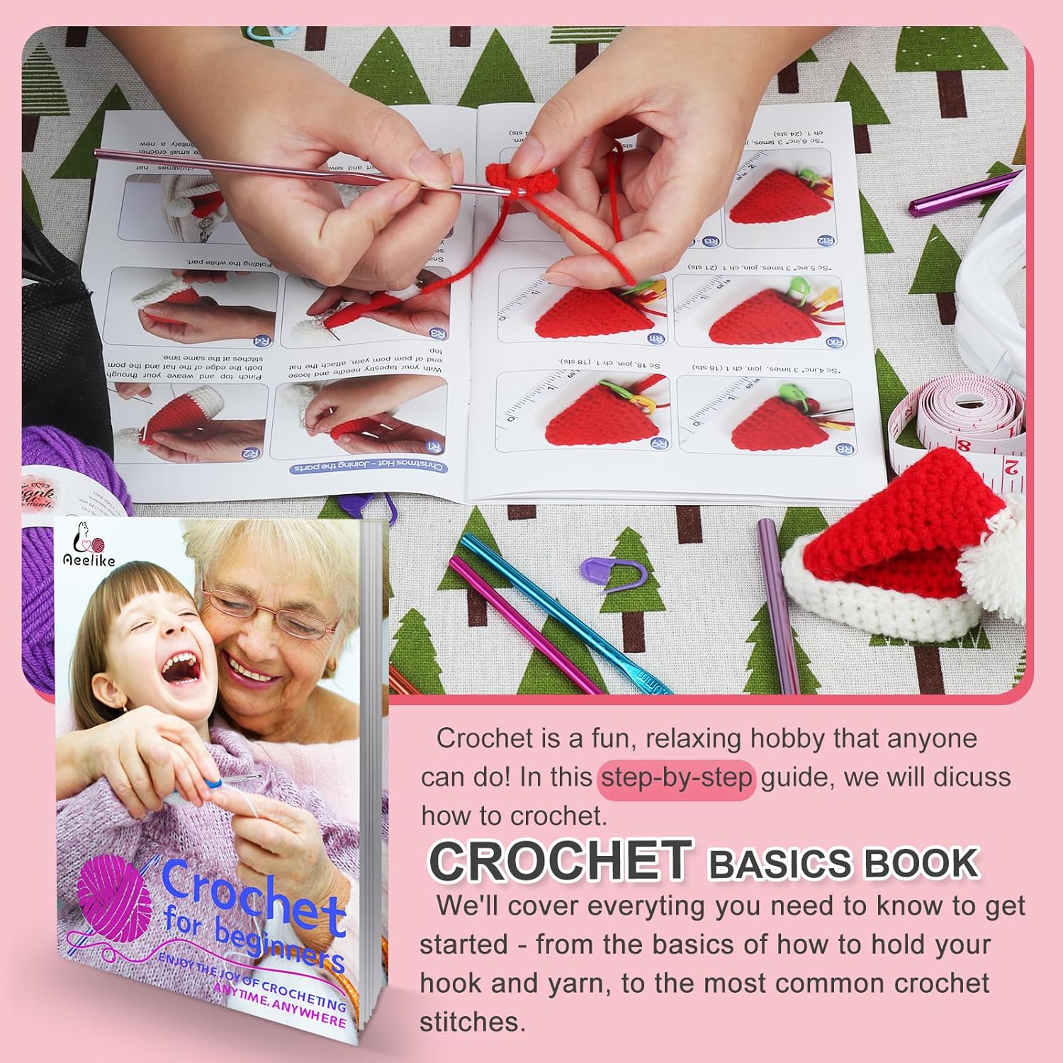 Aeelike Learn to Crochet Kits for Beginner, Crochet Starter Kit with Everything,1093 Yards Acrylic Yarn for Crocheting, 78pcs Crochet Set and Step-by-Step Instruction for Beginners Tote Storage Bag