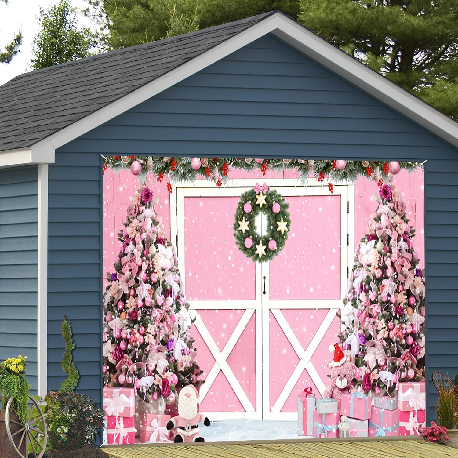 7x8ft Christmas Pink Farmhouse Garage Door Decor Xmas Pine Tree Wreath Floor Gifts White Snow Santa Garage Door Cover Indoor Outdoor Holiday Party Decor Festive Decor