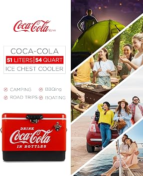 Coca Cola Ice Chest Cooler 51L Retro Coke Classic Cool Box with Bottle Opener Portable 85 Can Capacity Insulated Vintage Ice Box for Beverage BBQs Camping On The Go Beach RV Picnics Fishing Red